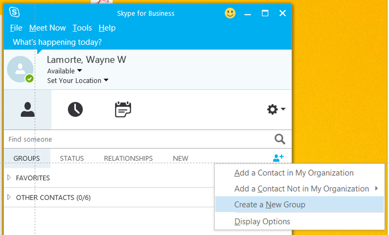 Skype for Business contact screen
